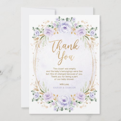 Feminine Lavender Gold Floral Baby Girl Shower Thank You Card