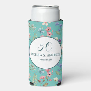Feminine Light Teal Floral Wildflowers Pattern Seltzer Can Cooler