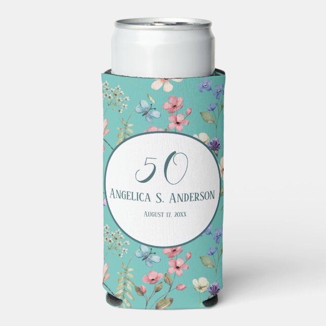 Feminine Light Teal Floral Wildflowers Pattern   Seltzer Can Cooler (Seltzer Front)