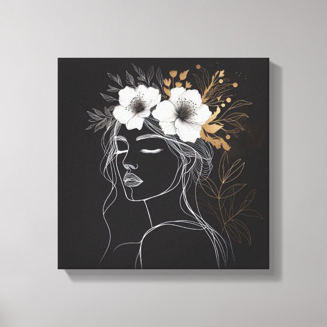 Feminine Line Art with Floral Crown Canvas Print (Front)