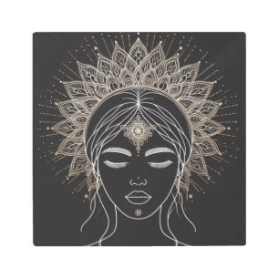 Feminine Line Art with Golden Mandala Crown