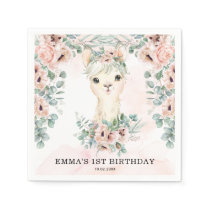 Feminine Llama Blush Pink Floral Greenery Birthday Napkins