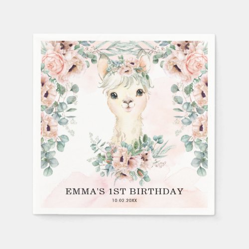 Feminine Llama Blush Pink Floral Greenery Birthday Napkins