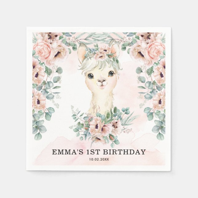 Feminine Llama Blush Pink Floral Greenery Birthday Napkins (Front)