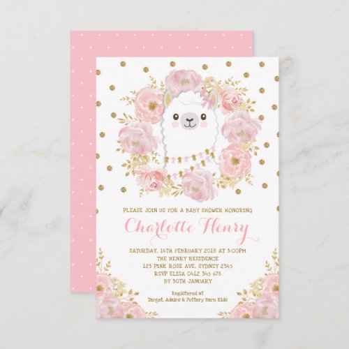 Feminine Llama Blush Pink Gold Floral Baby Shower Invitation