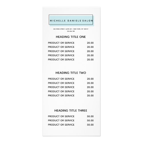 Feminine Logo  Blue  Hair  Salon price list Rack Card