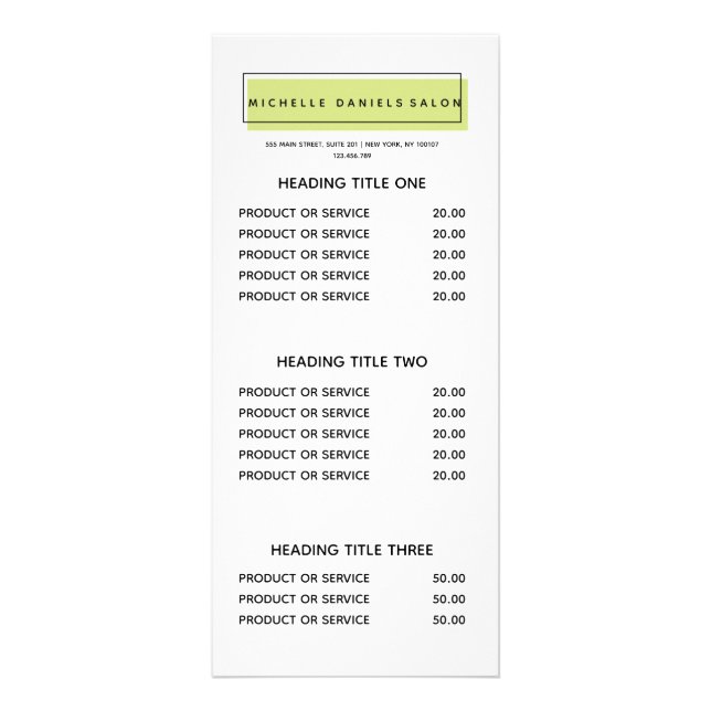 Feminine Logo | Green | Hair  Salon price list Rack Card (Front)