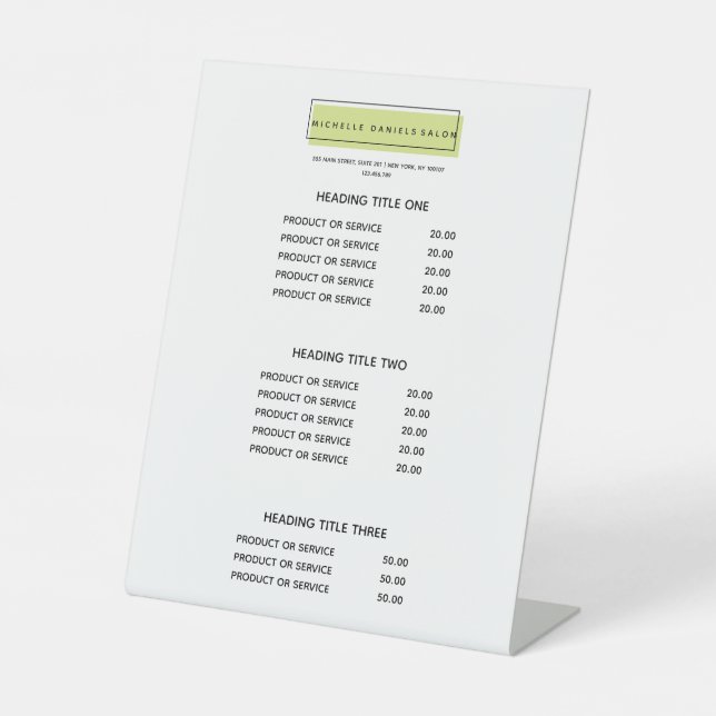 Feminine Logo | Green | Salon Spa Price List Pedestal Sign (Front)