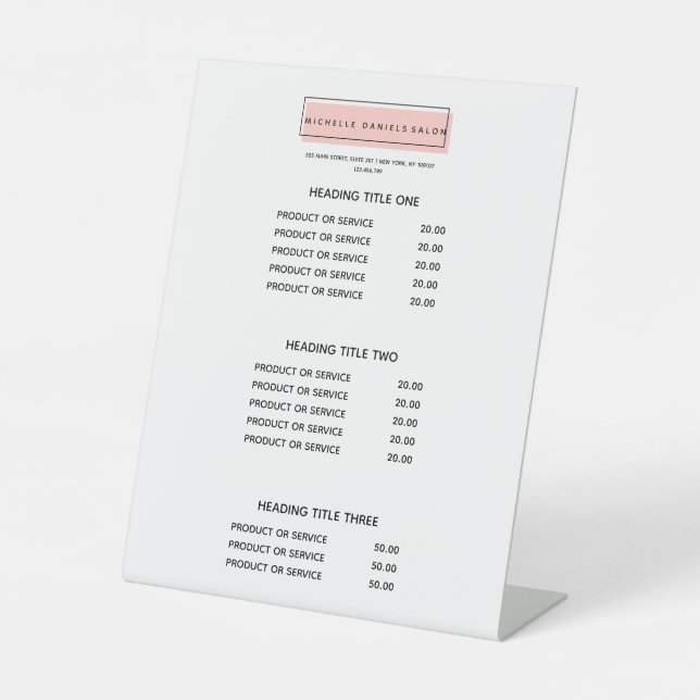 Feminine Logo | Pink | Salon Spa Price List Pedestal Sign (Front)