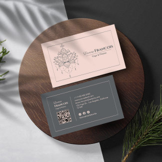 Feminine Lotus boho Yoga Pilates QR Code Blush Business Card