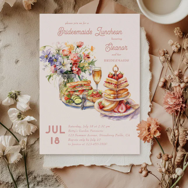 Feminine Lunch Wine Flowers Bridesmaids Luncheon Invitation | Zazzle