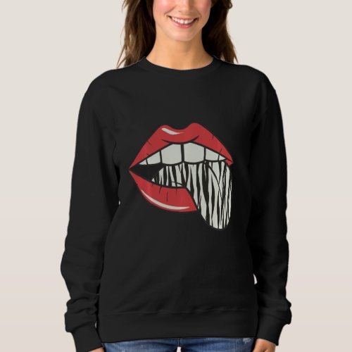 Feminine Make_up Lips Lipstick Bite Design Long Sl Sweatshirt