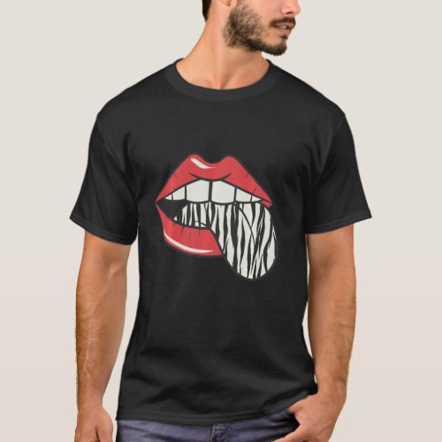 Feminine Make_up Lips Lipstick Bite Design Long Sl T_Shirt