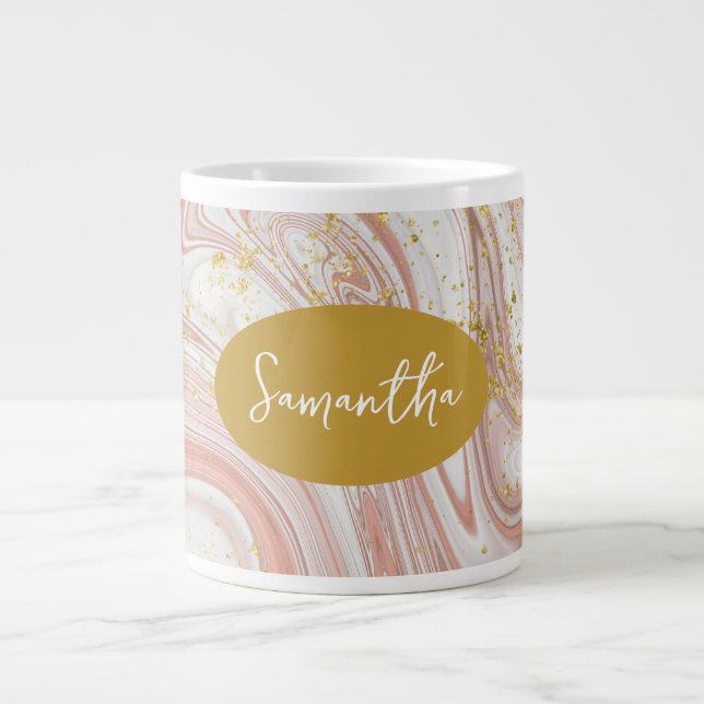 Feminine Marbled Pink & Gold Custom Name Giant Coffee Mug (Front)