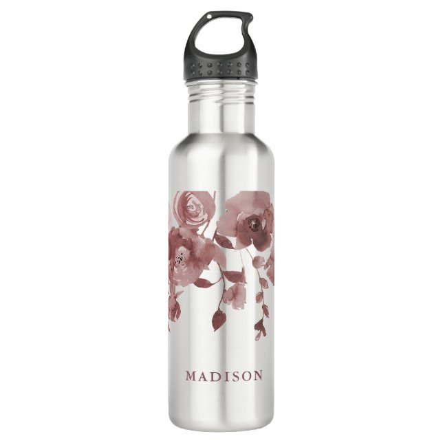 Feminine Mauve Blush Floral with Name Stainless Steel Water Bottle (Front)