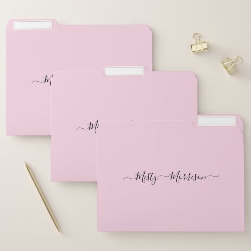 Feminine Minimalist Modern Pink Script Custom Name File Folder