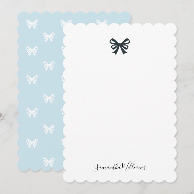 Feminine Modern Girly Ribbon Bow Black Blue Chic Note Card (Front/Back)