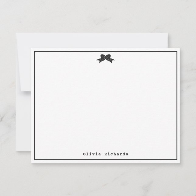 Feminine Modern Girly Ribbon Bow Classic Black Note Card (Front)
