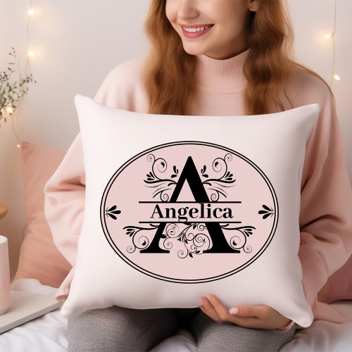 Feminine Monogram A with full name on soft pink Throw Pillow