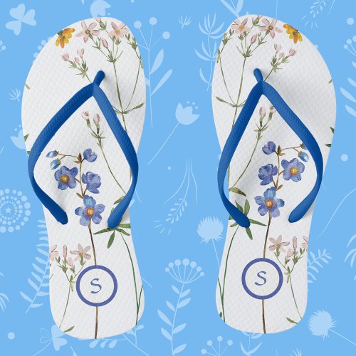Feminine Monogram Blue Boho Floral Pattern  Flip Flops