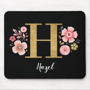 Feminine Monogram Initial Pink Black Letter H Mouse Pad