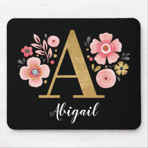 Feminine Monogram Initial Pink Gold Letter A Mouse Pad