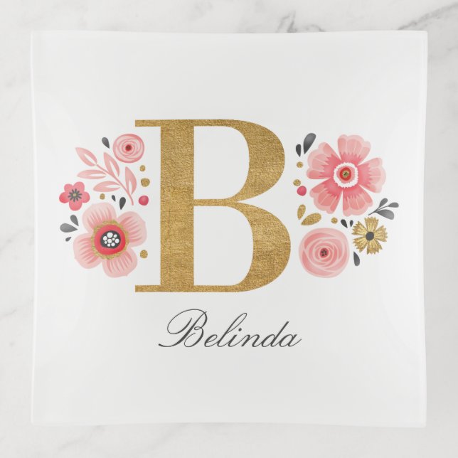 Feminine Monogram Initial Pink Gold Letter B Trinket Tray (Front)