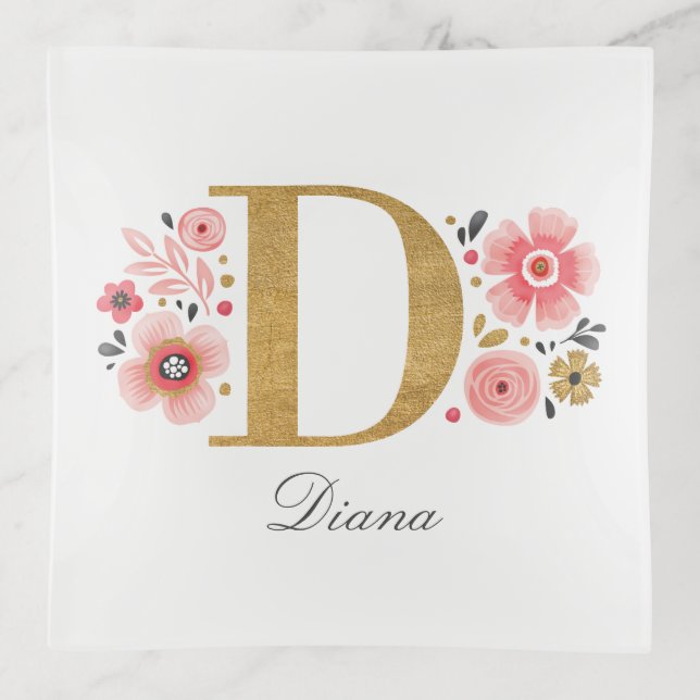 Feminine Monogram Initial Pink Gold Letter D Trinket Tray (Front)