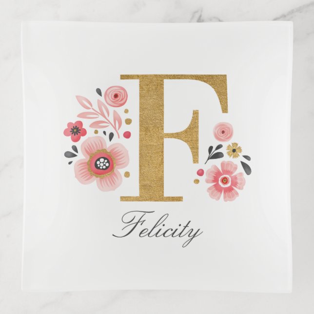 Feminine Monogram Initial Pink Gold Letter F Trinket Tray (Front)