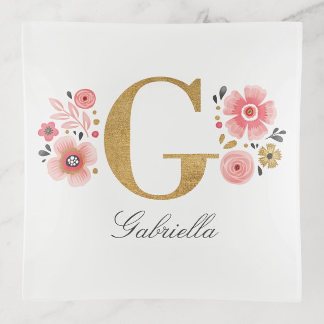 Feminine Monogram Initial Pink Gold Letter G Trinket Tray (Front)
