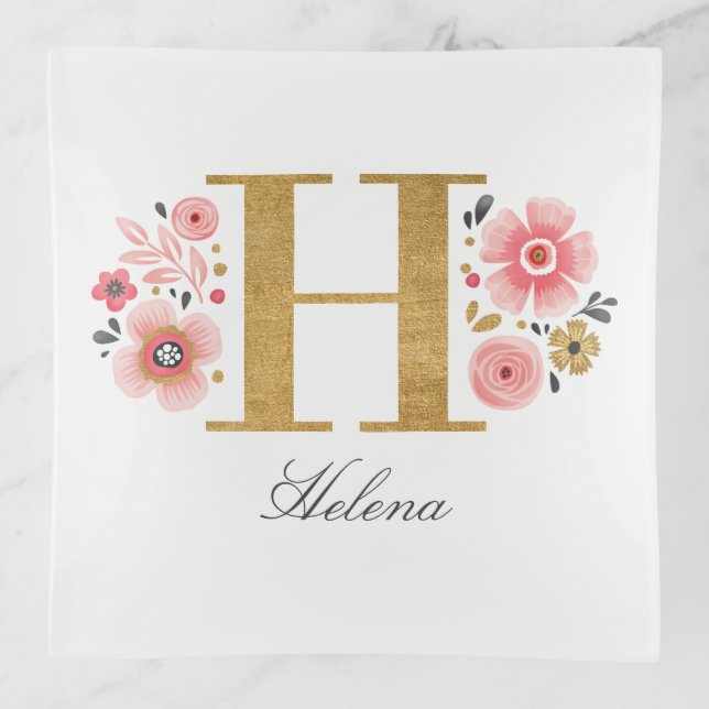 Feminine Monogram Initial Pink Gold Letter H Trinket Tray (Front)