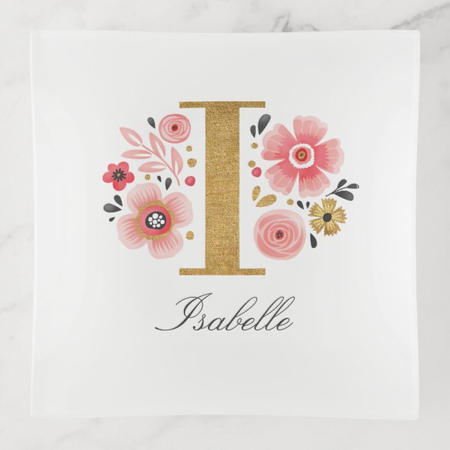Feminine Monogram Initial Pink Gold Letter I Trinket Tray (Front)