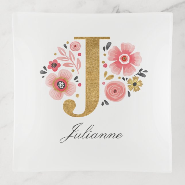 Feminine Monogram Initial Pink Gold Letter J Trinket Tray (Front)