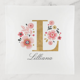 Feminine Monogram Initial Pink Gold Letter L Trinket Tray