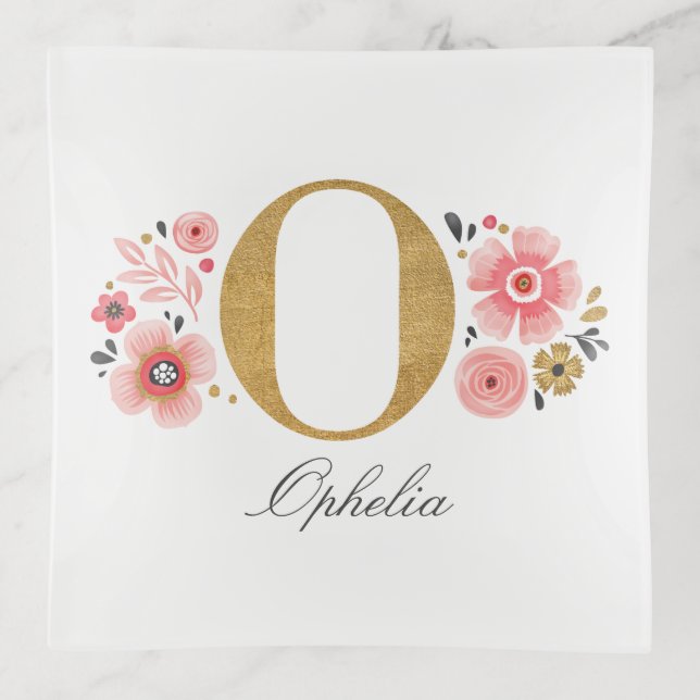 Feminine Monogram Initial Pink Gold Letter O Trinket Tray (Front)