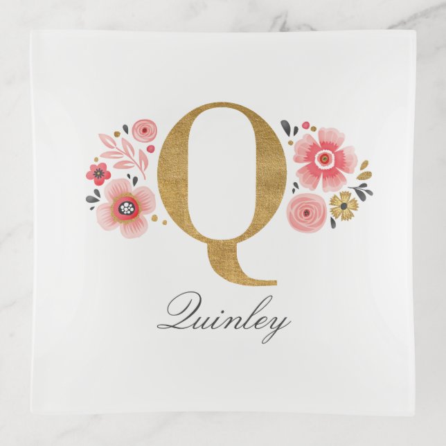 Feminine Monogram Initial Pink Gold Letter Q Trinket Tray (Front)