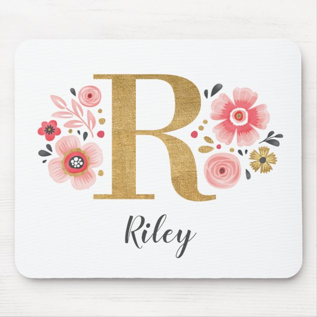 Feminine Monogram Initial Pink Gold Letter R Mouse Pad (Front)