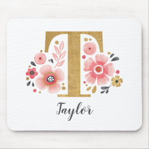 Feminine Monogram Initial Pink Gold Letter T Mouse Pad