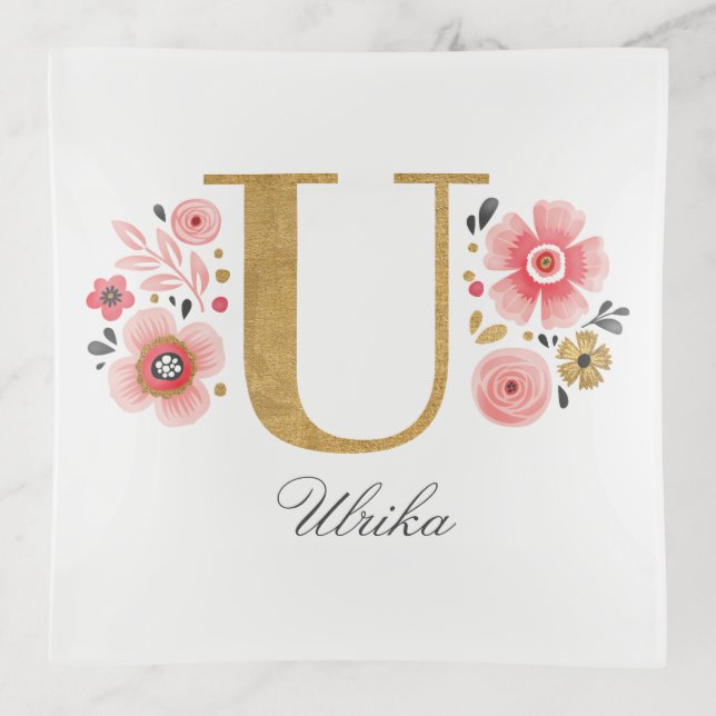 Feminine Monogram Initial Pink Gold Letter U Trinket Tray (Front)