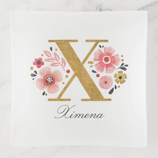 Feminine Monogram Initial Pink Gold Letter X Trinket Tray (Front)