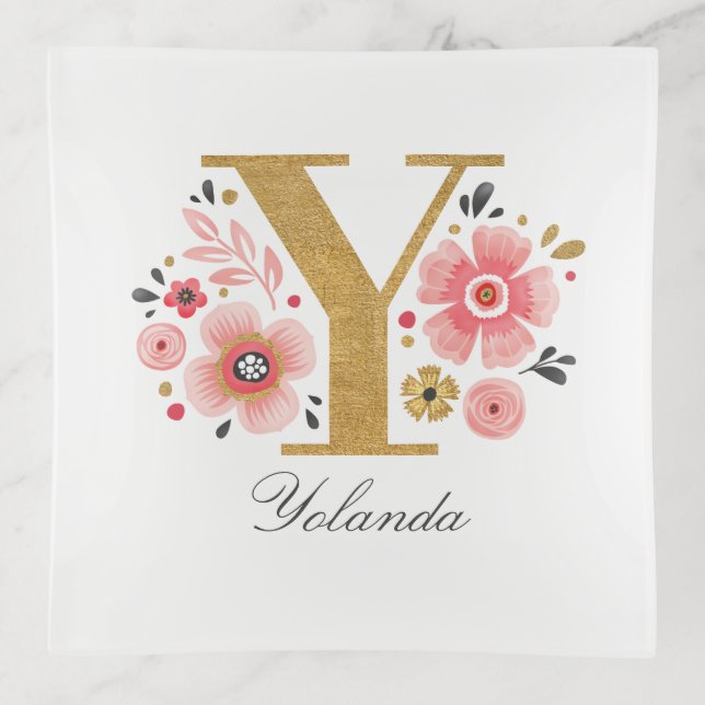 Feminine Monogram Initial Pink Gold Letter Y Trinket Tray (Front)
