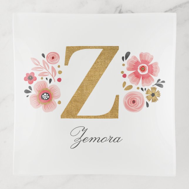 Feminine Monogram Initial Pink Gold Letter Z Trinket Tray (Front)
