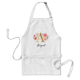 Feminine Monogram Pink Floral Letter A Chef Adult Apron