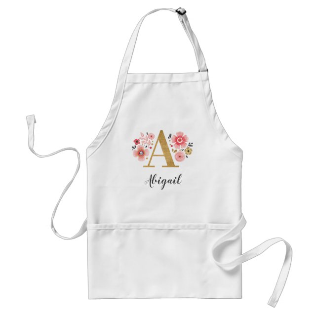 Feminine Monogram Pink Floral Letter A Chef Adult Apron (Front)