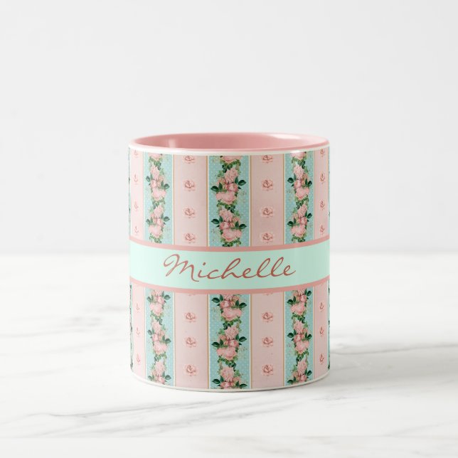 Feminine Monogram Pink Mint Floral Wallpaper Look Two-Tone Coffee Mug (Center)