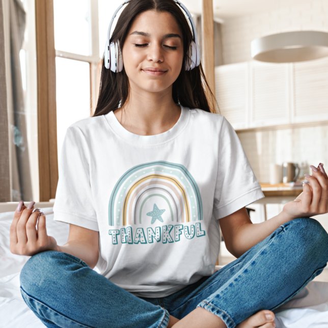 Feminine Pastel Rainbow Star Typography Thankful T-Shirt (Creator Uploaded)