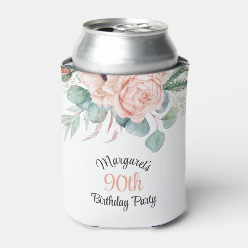 Feminine Pastel Watercolor Floral 90th Birthday Can Cooler