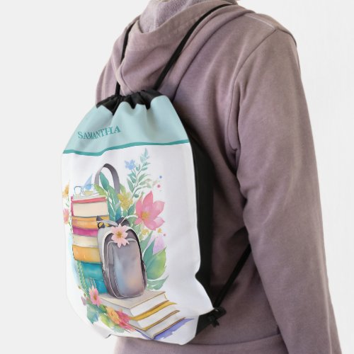 Feminine Patel Colors Floral and Books Essentials Drawstring Bag