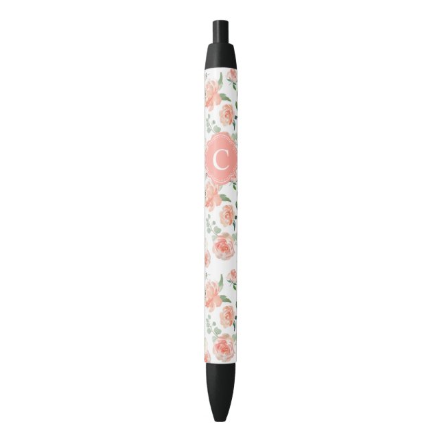 Feminine Peach Floral Pattern with Your Monogram Pen (Front Vertical)