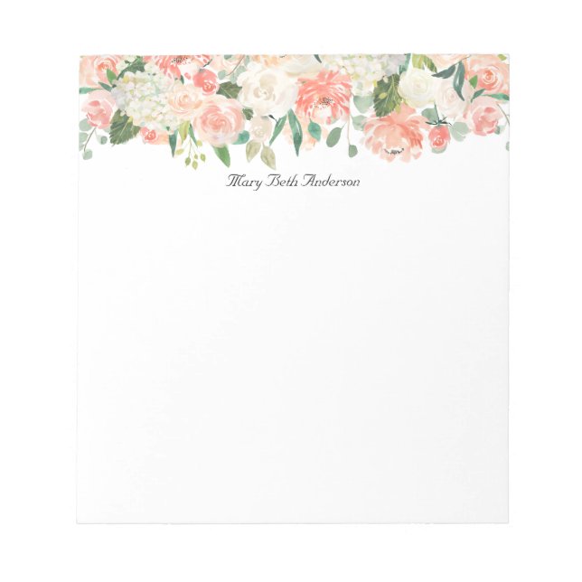 Feminine Peach Floral Pattern with Your Name Notepad (Front)